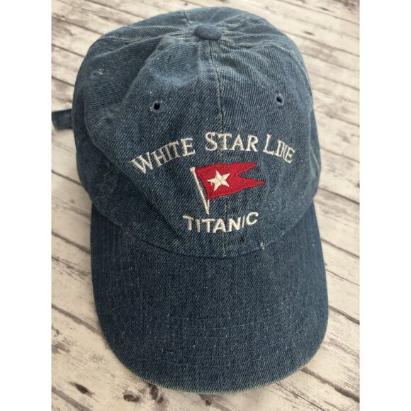 Vintage TITANIC WHITE STAR LINE Hat Strapback Adjustable Blue Denim Cap Flag - Picture 1 of 8